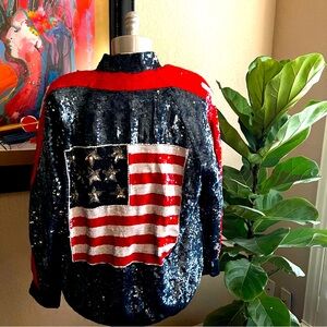 NWT Rare Vintage Modi 1980s USA Red, White Blue Sequin Zip Bomber Jacket L 10-12